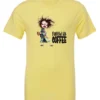 yellow coffee lover t-shirt featuring a disheveled young woman who just woke up in pajamas with a cup of coffee it says fueled by coffee