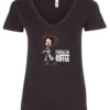 black coffee lover v-neck t-shirt featuring a disheveled young woman who just woke up in pajamas with a cup of coffee it says fueled by coffee