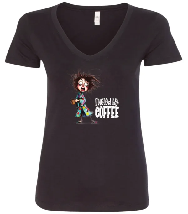 black coffee lover v-neck t-shirt featuring a disheveled young woman who just woke up in pajamas with a cup of coffee it says fueled by coffee