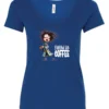 blue coffee lover v-neck t-shirt featuring a disheveled young woman who just woke up in pajamas with a cup of coffee it says fueled by coffee