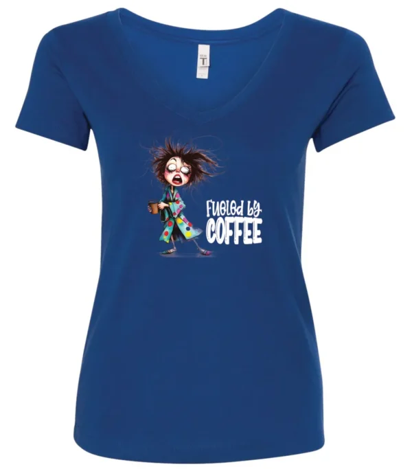 blue coffee lover v-neck t-shirt featuring a disheveled young woman who just woke up in pajamas with a cup of coffee it says fueled by coffee