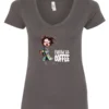 gray coffee lover v-neck t-shirt featuring a disheveled young woman who just woke up in pajamas with a cup of coffee it says fueled by coffee