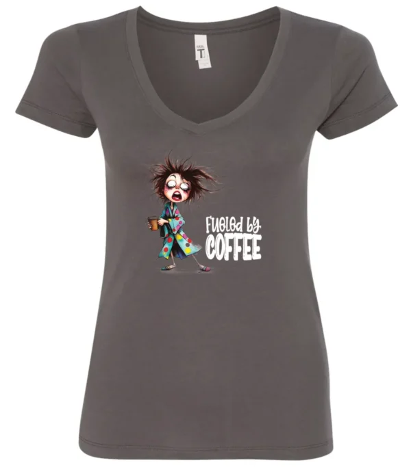 gray coffee lover v-neck t-shirt featuring a disheveled young woman who just woke up in pajamas with a cup of coffee it says fueled by coffee