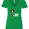 green coffee lover v-neck t-shirt featuring a disheveled young woman who just woke up in pajamas with a cup of coffee it says fueled by coffee