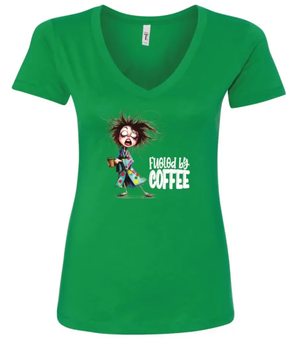 green coffee lover v-neck t-shirt featuring a disheveled young woman who just woke up in pajamas with a cup of coffee it says fueled by coffee