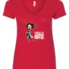 red coffee lover v-neck t-shirt featuring a disheveled young woman who just woke up in pajamas with a cup of coffee it says fueled by coffee