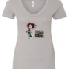 silver coffee lover v-neck t-shirt featuring a disheveled young woman who just woke up in pajamas with a cup of coffee it says fueled by coffee