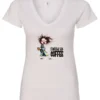 white coffee lover v-neck t-shirt featuring a disheveled young woman who just woke up in pajamas with a cup of coffee it says fueled by coffee