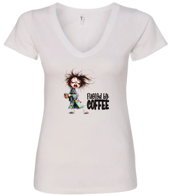 white coffee lover v-neck t-shirt featuring a disheveled young woman who just woke up in pajamas with a cup of coffee it says fueled by coffee