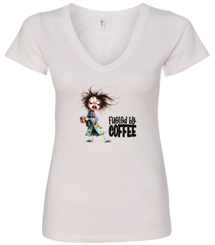 white coffee lover v-neck t-shirt featuring a disheveled young woman who just woke up in pajamas with a cup of coffee it says fueled by coffee