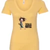 yellow coffee lover v-neck t-shirt featuring a disheveled young woman who just woke up in pajamas with a cup of coffee it says fueled by coffee