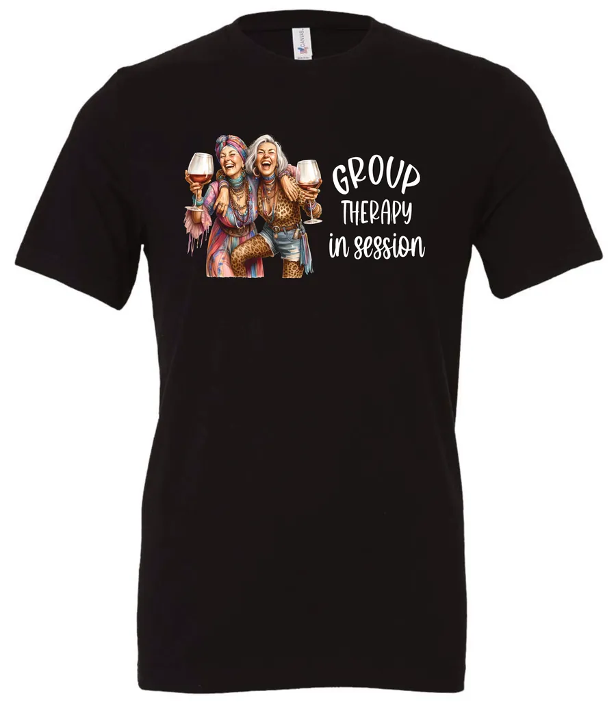 black wine lover t-shirt featuring two women hugging and drinking a giant glass of wine and it says group therapy in session
