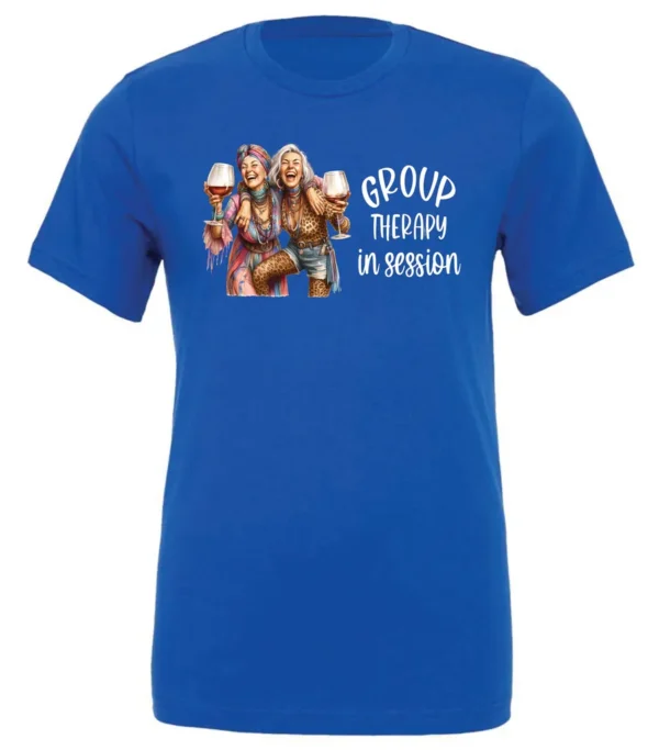 blue wine lover t-shirt featuring two women hugging and drinking a giant glass of wine and it says group therapy in session