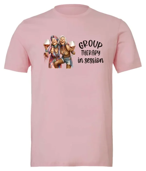 pink wine lover t-shirt featuring two women hugging and drinking a giant glass of wine and it says group therapy in session