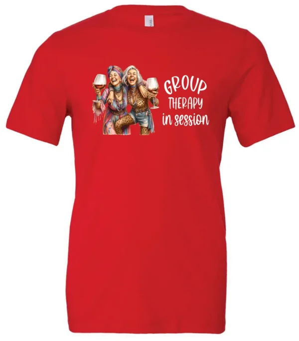 red wine lover t-shirt featuring two women hugging and drinking a giant glass of wine and it says group therapy in session
