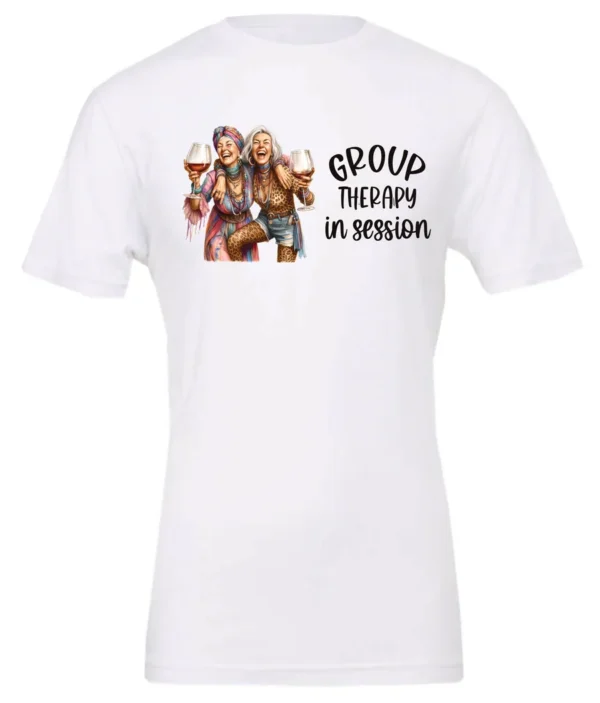 white wine lover t-shirt featuring two women hugging and drinking a giant glass of wine and it says group therapy in session