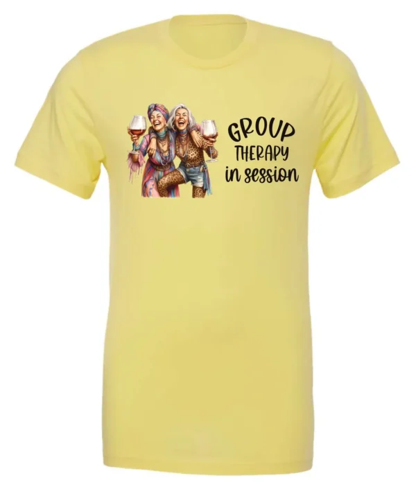 yellow wine lover t-shirt featuring two women hugging and drinking a giant glass of wine and it says group therapy in session