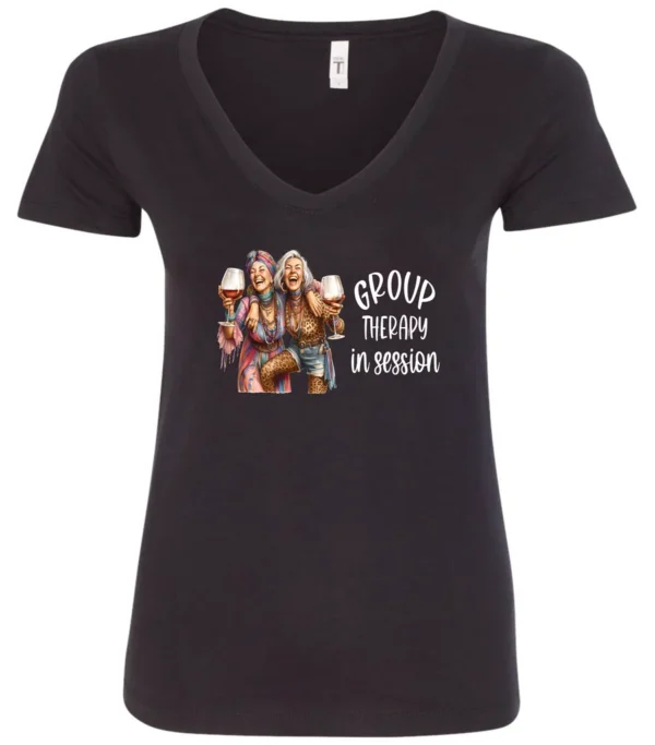 black wine lover v-neck t-shirt featuring two women hugging and drinking a giant glass of wine and it says group therapy in session