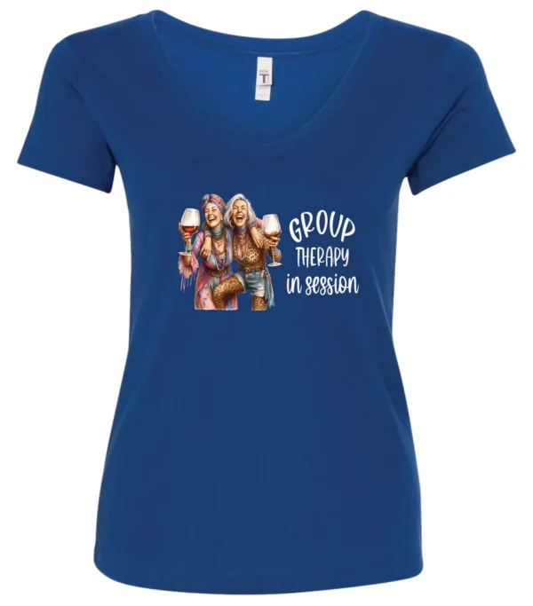 blue wine lover v-neck t-shirt featuring two women hugging and drinking a giant glass of wine and it says group therapy in session