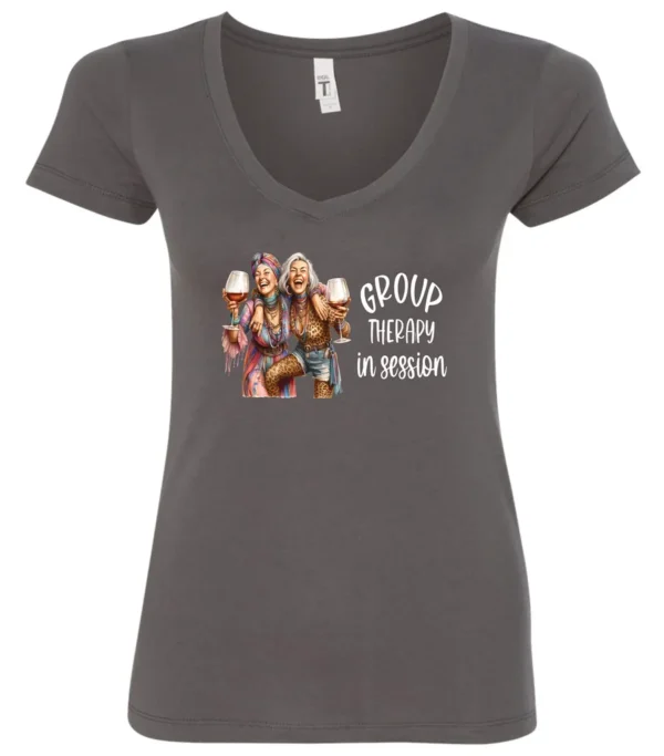 gray wine lover v-neck t-shirt featuring two women hugging and drinking a giant glass of wine and it says group therapy in session