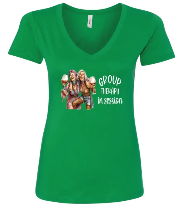 green wine lover v-neck t-shirt featuring two women hugging and drinking a giant glass of wine and it says group therapy in session