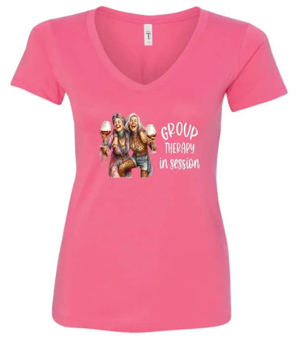 pink wine lover v-neck t-shirt featuring two women hugging and drinking a giant glass of wine and it says group therapy in session