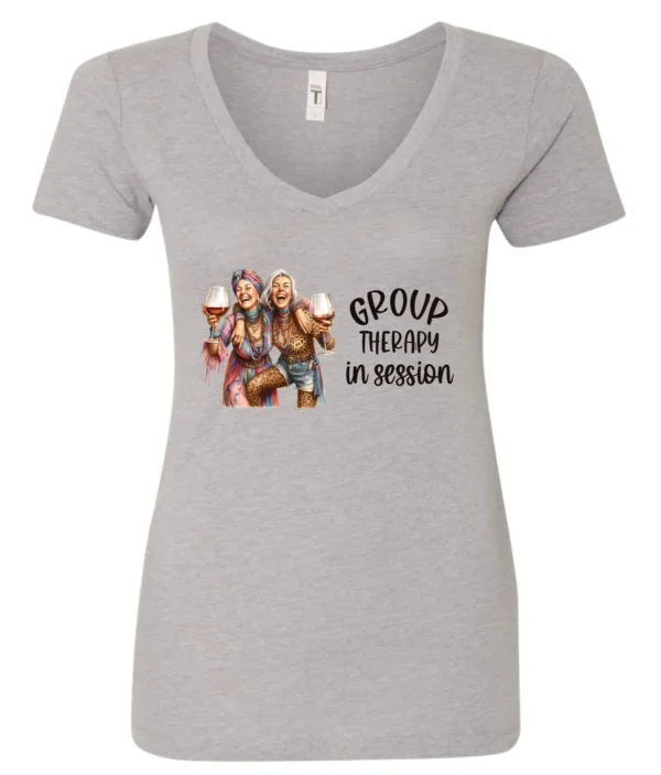 silver wine lover v-neck t-shirt featuring two women hugging and drinking a giant glass of wine and it says group therapy in session