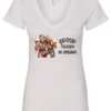 white wine lover v-neck t-shirt featuring two women hugging and drinking a giant glass of wine and it says group therapy in session