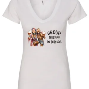 white wine lover v-neck t-shirt featuring two women hugging and drinking a giant glass of wine and it says group therapy in session