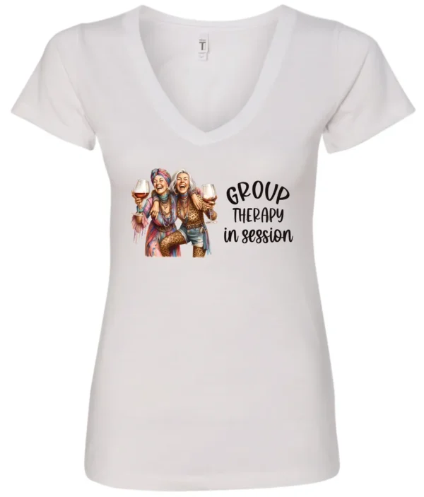 white wine lover v-neck t-shirt featuring two women hugging and drinking a giant glass of wine and it says group therapy in session