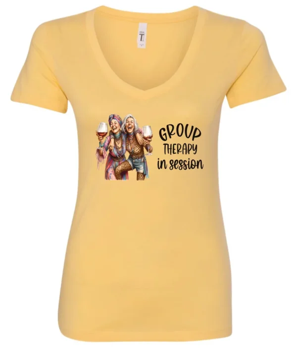 yellow wine lover v-neck t-shirt featuring two women hugging and drinking a giant glass of wine and it says group therapy in session