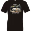 black camper t-shirt featuring an old model camper set up in the woods with night lights outside, and it says happy camper
