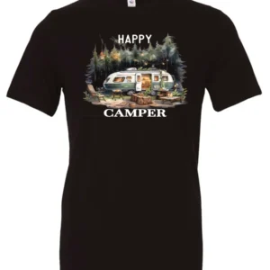 black camper t-shirt featuring an old model camper set up in the woods with night lights outside, and it says happy camper