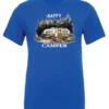 blue camper t-shirt featuring an old model camper set up in the woods with night lights outside, and it says happy camper