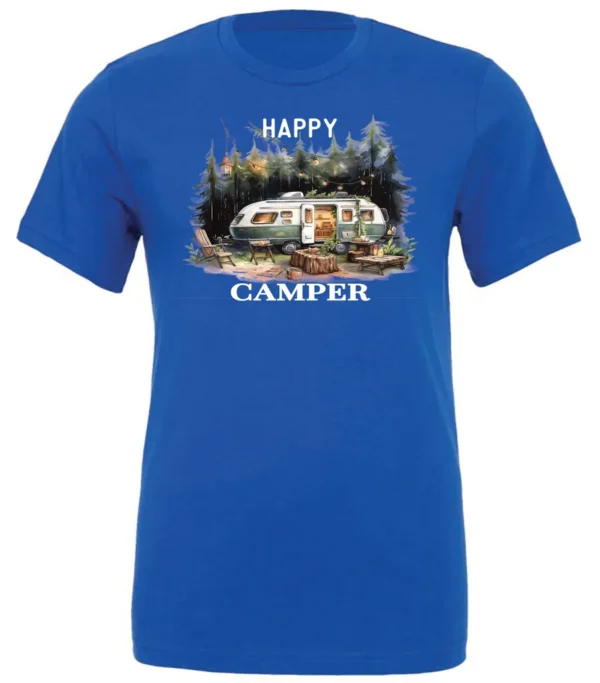 blue camper t-shirt featuring an old model camper set up in the woods with night lights outside, and it says happy camper
