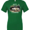 green camper t-shirt featuring an old model camper set up in the woods with night lights outside, and it says happy camper