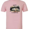 pink camper t-shirt featuring an old model camper set up in the woods with night lights outside, and it says happy camper