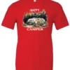red camper t-shirt featuring an old model camper set up in the woods with night lights outside, and it says happy camper