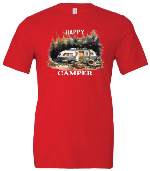 red camper t-shirt featuring an old model camper set up in the woods with night lights outside, and it says happy camper