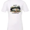 white camper t-shirt featuring an old model camper set up in the woods with night lights outside, and it says happy camper
