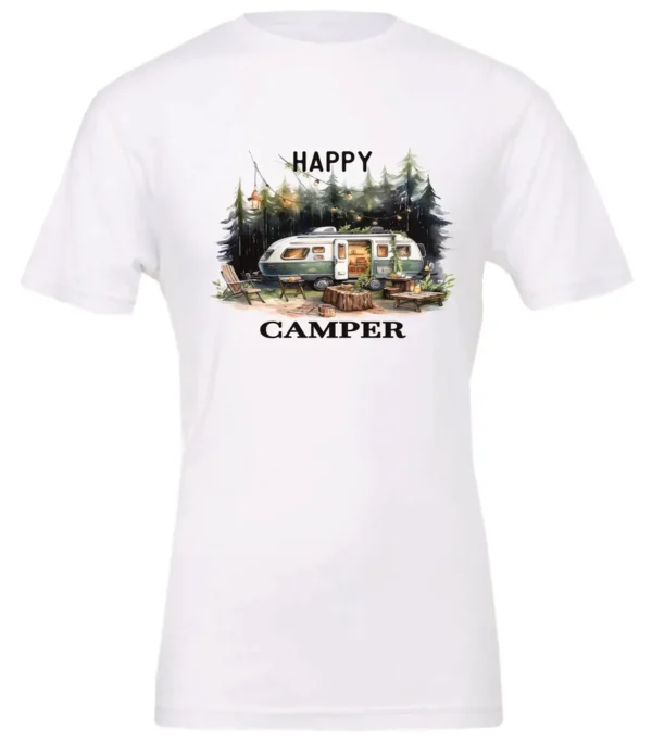 white camper t-shirt featuring an old model camper set up in the woods with night lights outside, and it says happy camper
