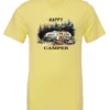 yellow camper t-shirt featuring an old model camper set up in the woods with night lights outside, and it says happy camper
