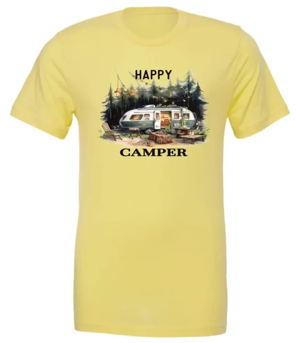 yellow camper t-shirt featuring an old model camper set up in the woods with night lights outside, and it says happy camper