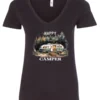 black camper v-neck t-shirt featuring an old model camper set up in the woods with night lights outside, and it says happy camper