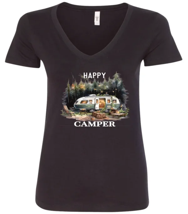 black camper v-neck t-shirt featuring an old model camper set up in the woods with night lights outside, and it says happy camper