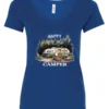 blue camper v-neck t-shirt featuring an old model camper set up in the woods with night lights outside, and it says happy camper