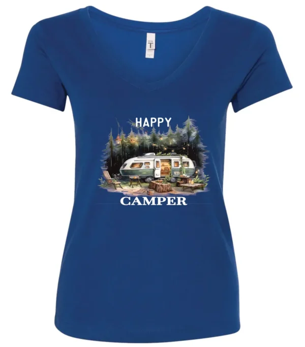 blue camper v-neck t-shirt featuring an old model camper set up in the woods with night lights outside, and it says happy camper