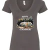 gray camper v-neck t-shirt featuring an old model camper set up in the woods with night lights outside, and it says happy camper