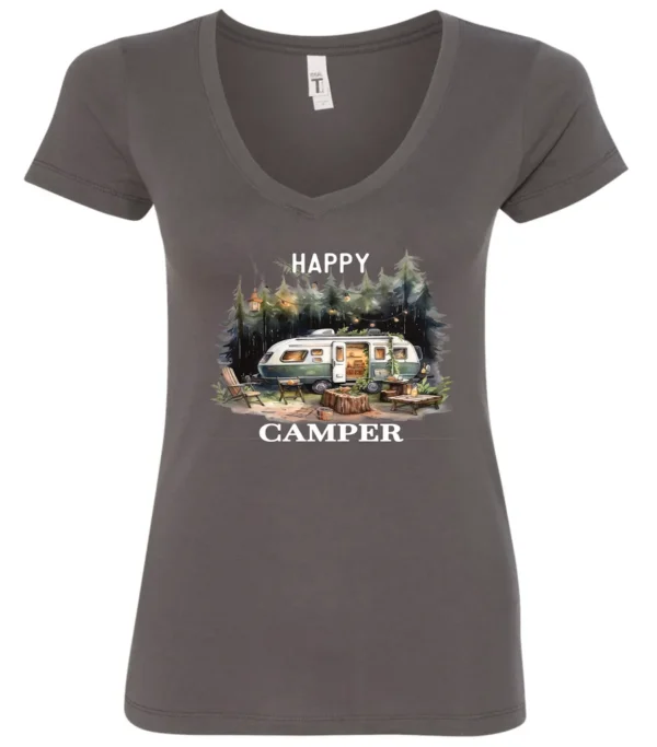 gray camper v-neck t-shirt featuring an old model camper set up in the woods with night lights outside, and it says happy camper