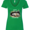 green camper v-neck t-shirt featuring an old model camper set up in the woods with night lights outside, and it says happy camper